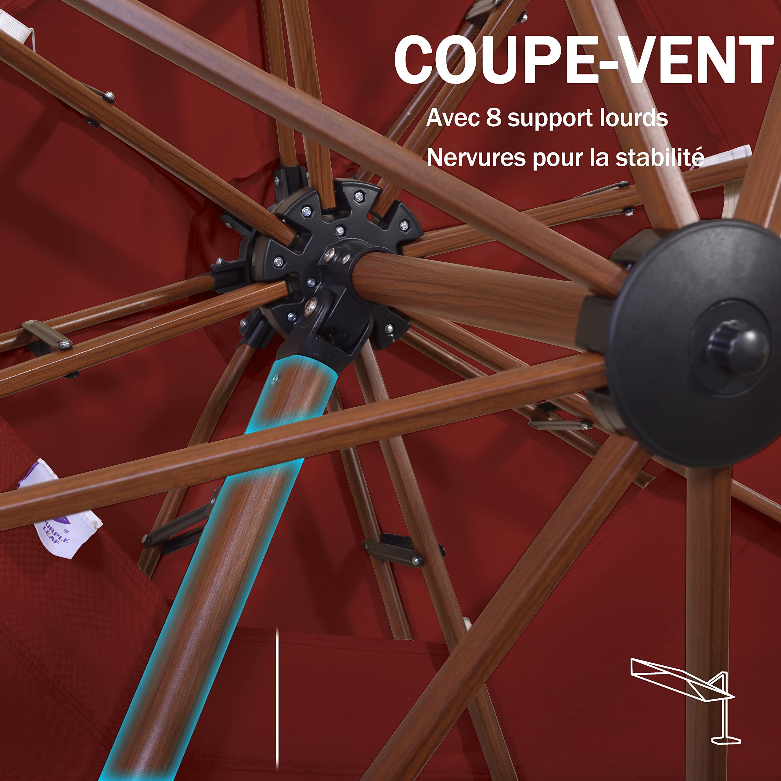 PURPLE LEAF Parasol Déporté Rond Grain de Bois en Aluminium Parasol De Jardin Extérieur Toit à Double Rotatif 360°