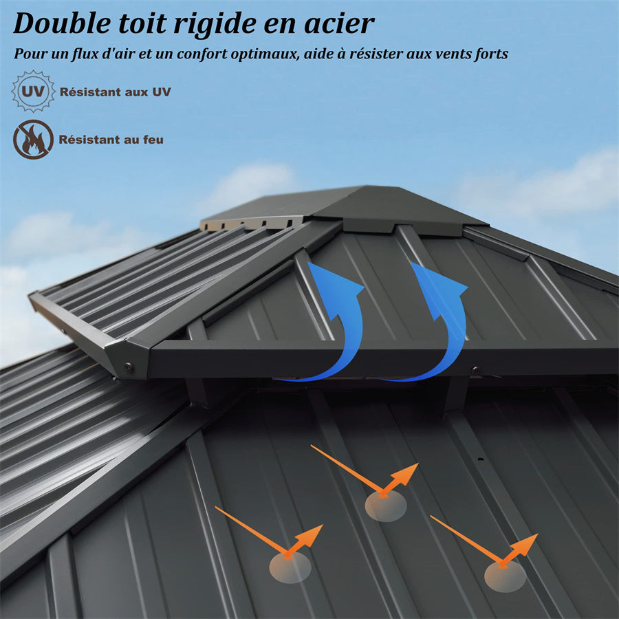 PURPLE LEAF Tonnelle De Jardin Exterieur Tonnelle Pergola Aluminum Avec Moustiquaire Et Rideaux Pavillon De Jardin à Double Toit Acier Galvanisé, Gris