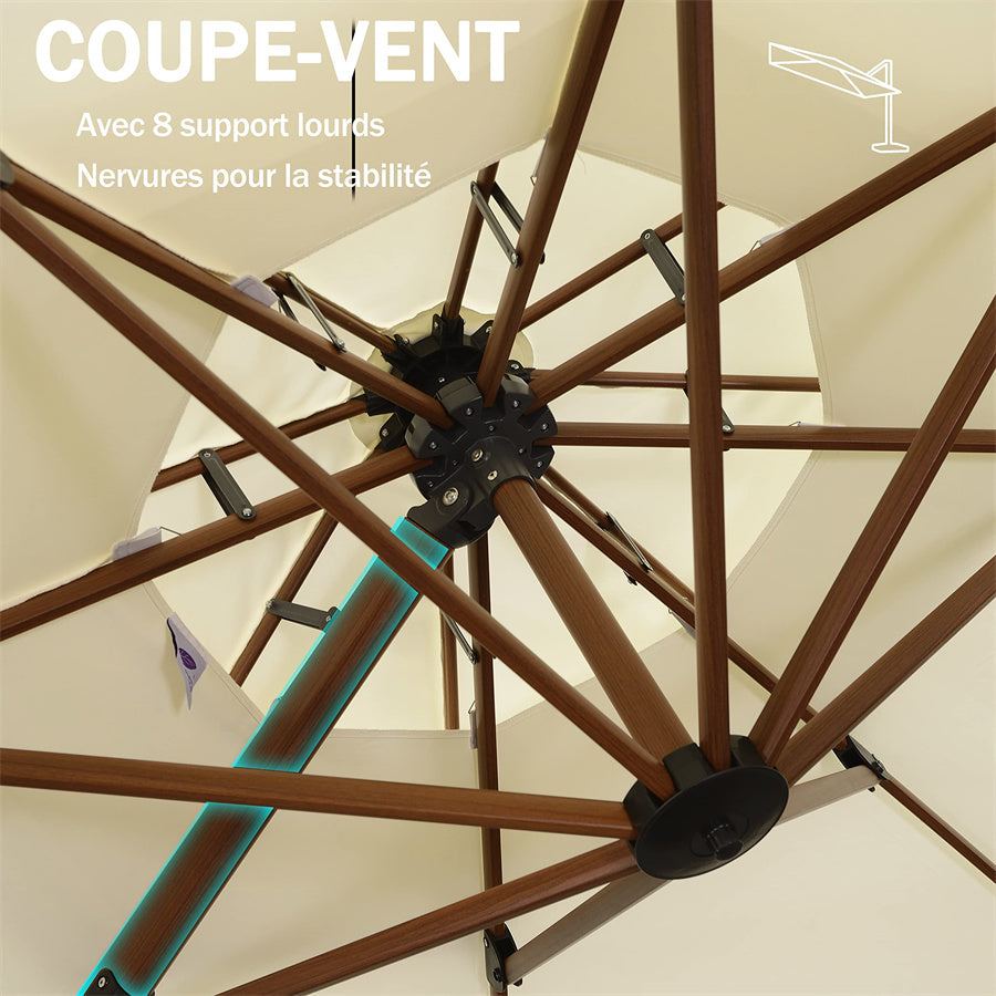 PURPLE LEAF Parasol Déporté Inclinable Grain de Bois en Aluminium Parasol De Jardin Extérieur Toit à Double Rotatif 360°