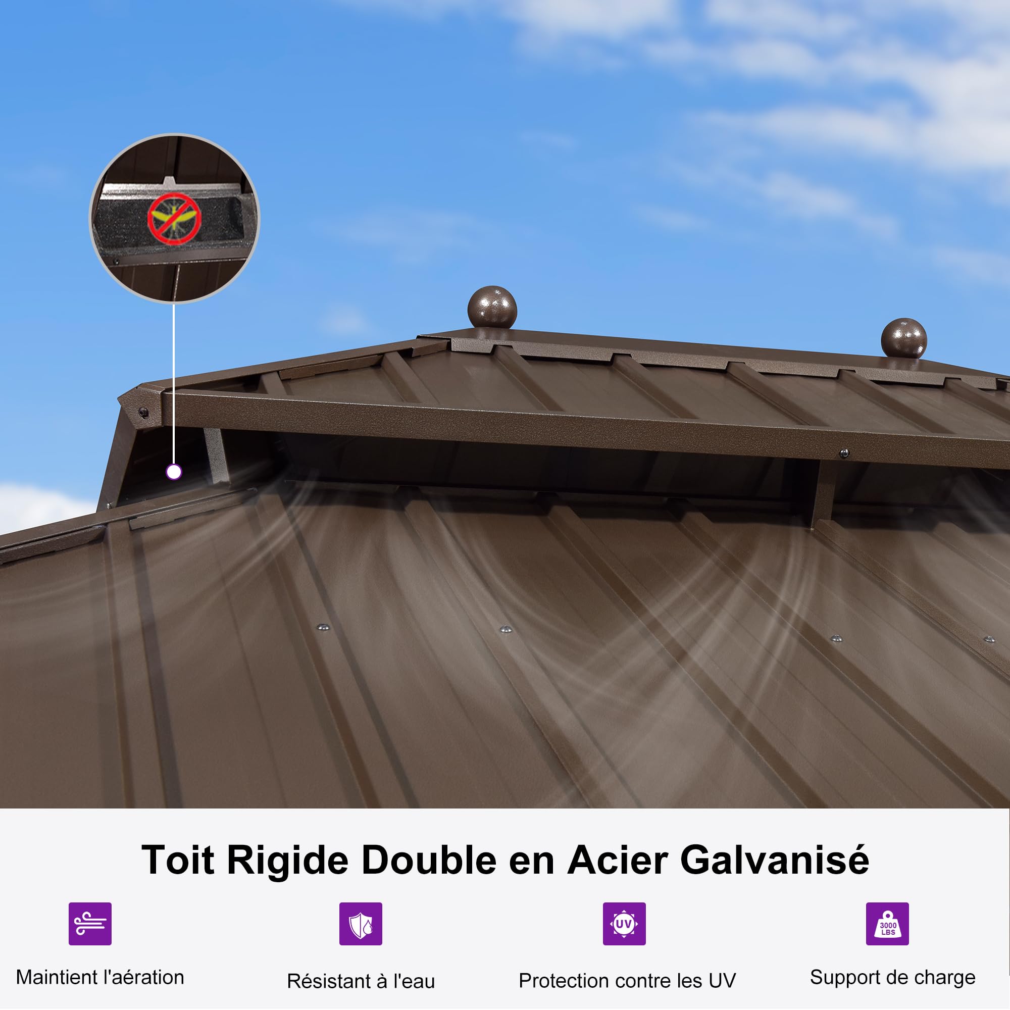 PURPLE LEAF Tonnelle De Jardin Tonnelle Pergola Aluminum Avec Moustiquaire Et Rideaux Pavillon De Jardin à Double Toit Acier Galvanisé, Bronze