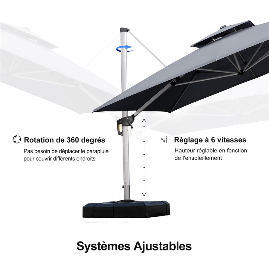 PURPLE LEAF Parasol De Jardin Exterieur Rectangulaire avec LED Parasol Déporté Toit à Double Rotatif 360° Parasol Excentré Inclinable Parasol Terrasse Exterieur