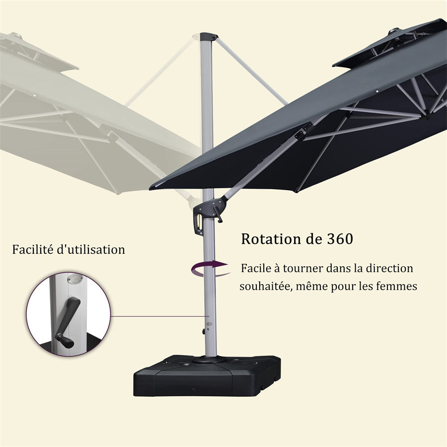 PURPLE LEAF Parasol De Jardin Extérieur avec LED Parasol Déporté Toit à Double Rotatif 360° Parasol Excentré Inclinable Parasol Terrasse Extérieur
