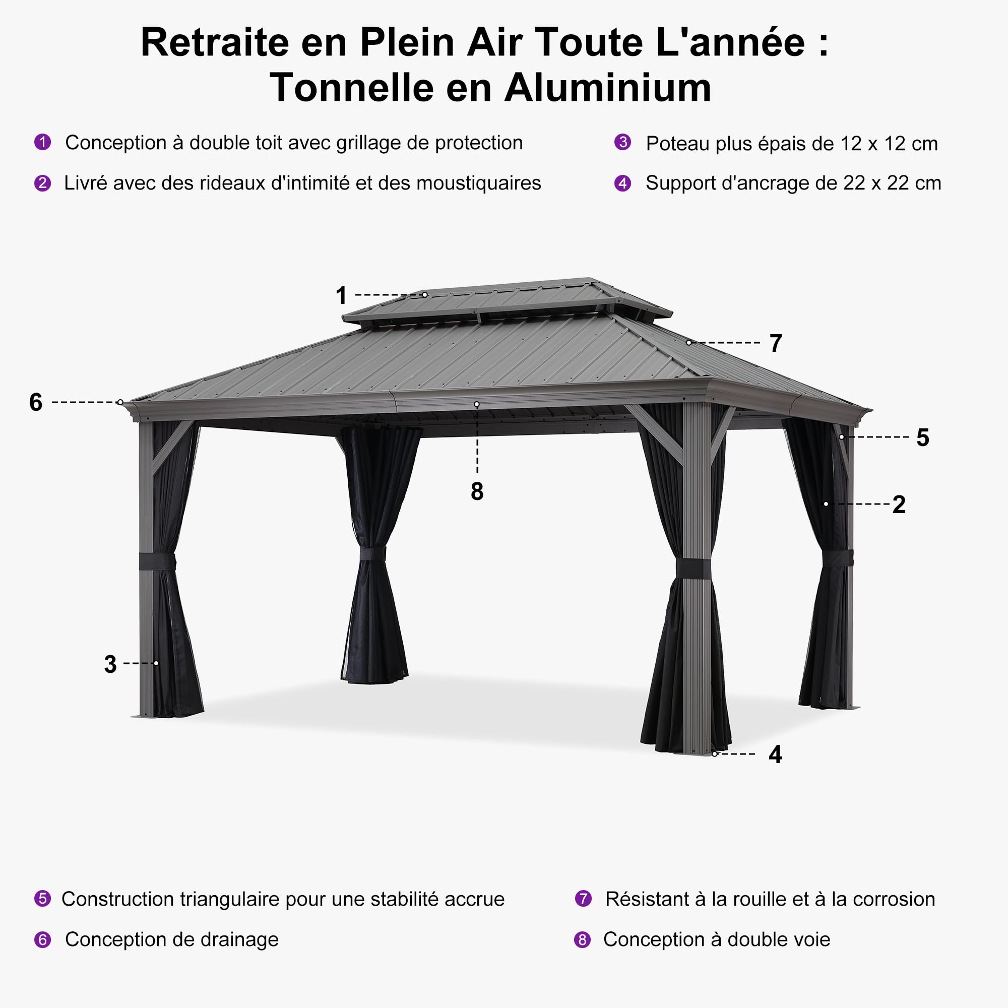 PURPLE LEAF Tonnelle de Jardin Pour Terrasse, Abris de Soleil Avec Toit Rigide en Acier Galvanisé, Equipée de Rideaux, Gris Clair
