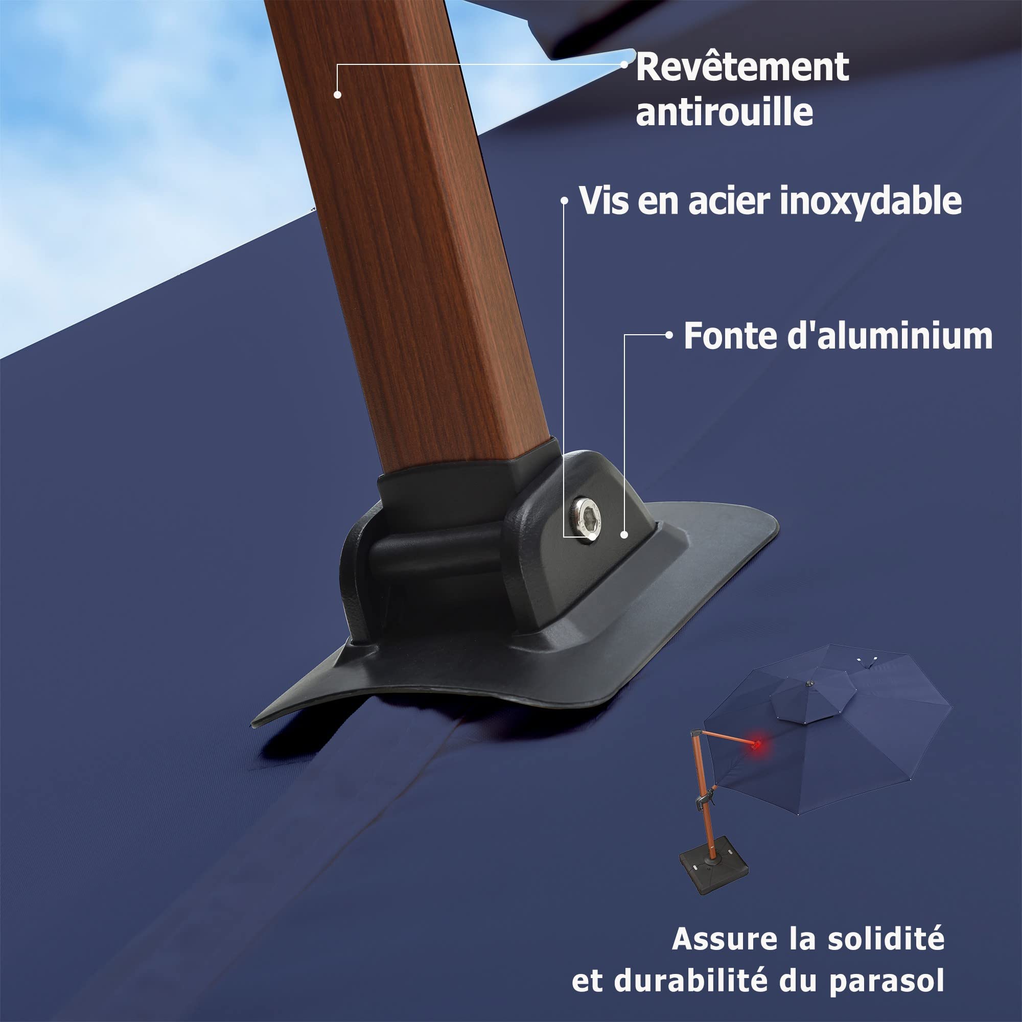 PURPLE LEAF Parasol Déporté Rond Grain de Bois en Aluminium Parasol De Jardin Extérieur Toit à Double Rotatif 360°