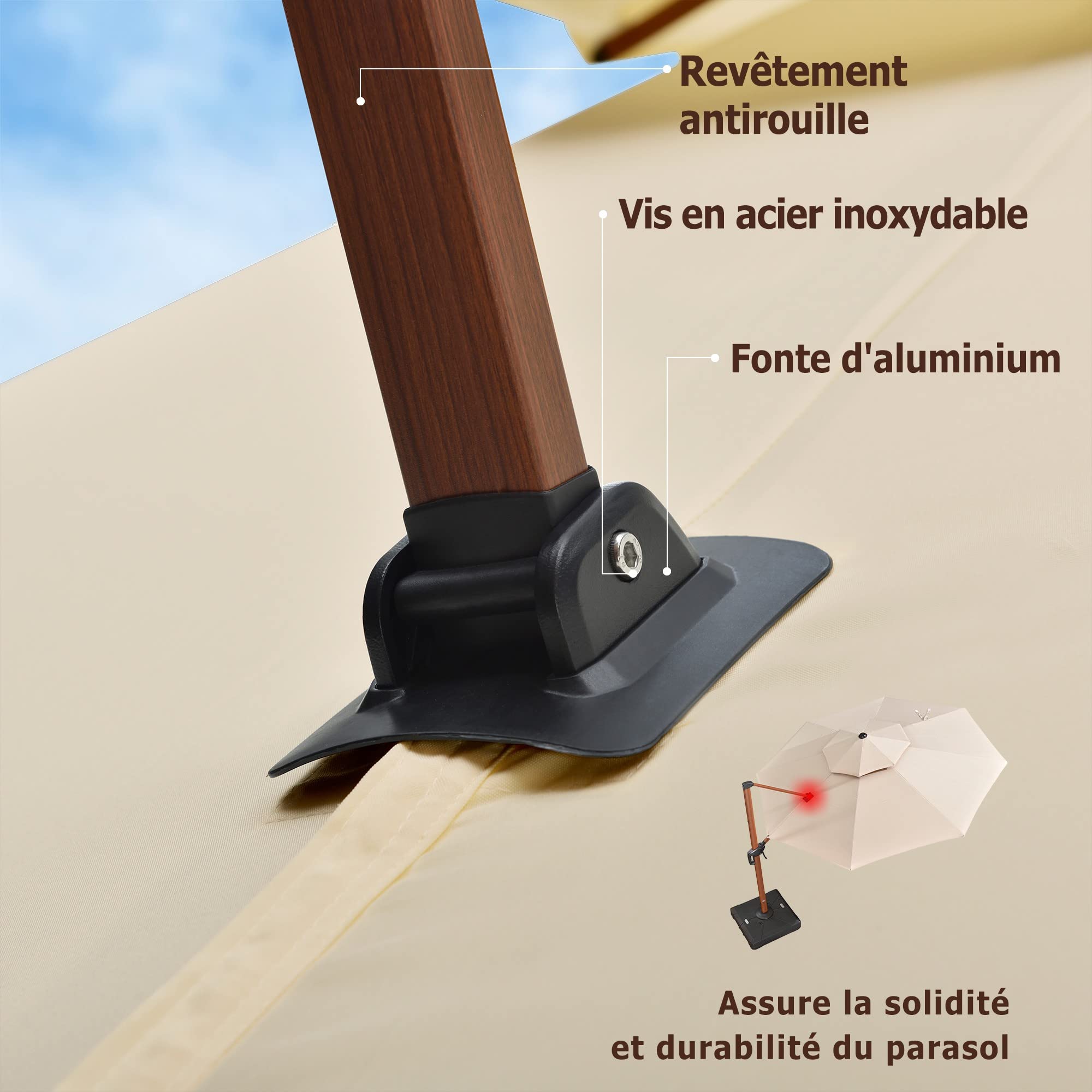 PURPLE LEAF Parasol Déporté Rond Grain de Bois en Aluminium Parasol De Jardin Extérieur Toit à Double Rotatif 360°