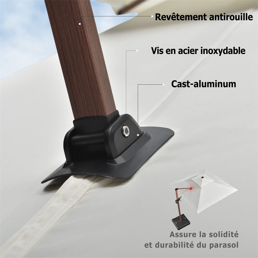 PURPLE LEAF Parasol Déporté Carré Grain de Bois en Aluminium avec socle