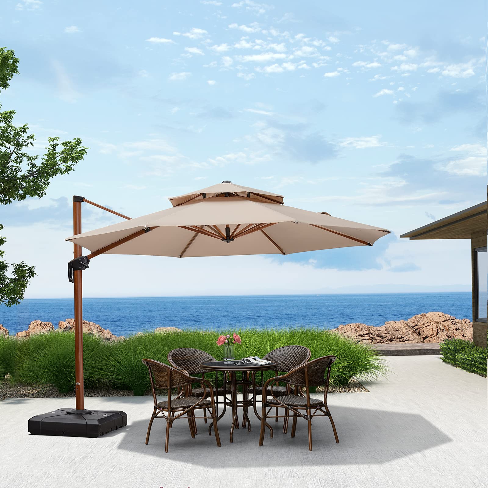 PURPLE LEAF Parasol Déporté Rond Grain de Bois en Aluminium Parasol De Jardin Extérieur Toit à Double Rotatif 360°