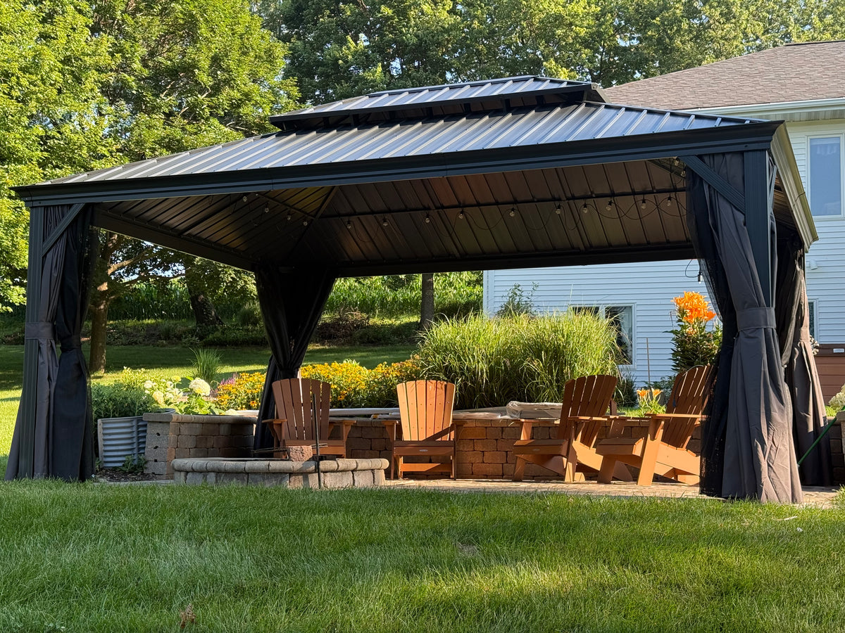 PURPLE LEAF Tonnelle de Jardin Gamme Luxe avec Éclairage LED Intégré - Abat-Jour Blanc Opalin Anti-Éblouissement, Pavillon Gris