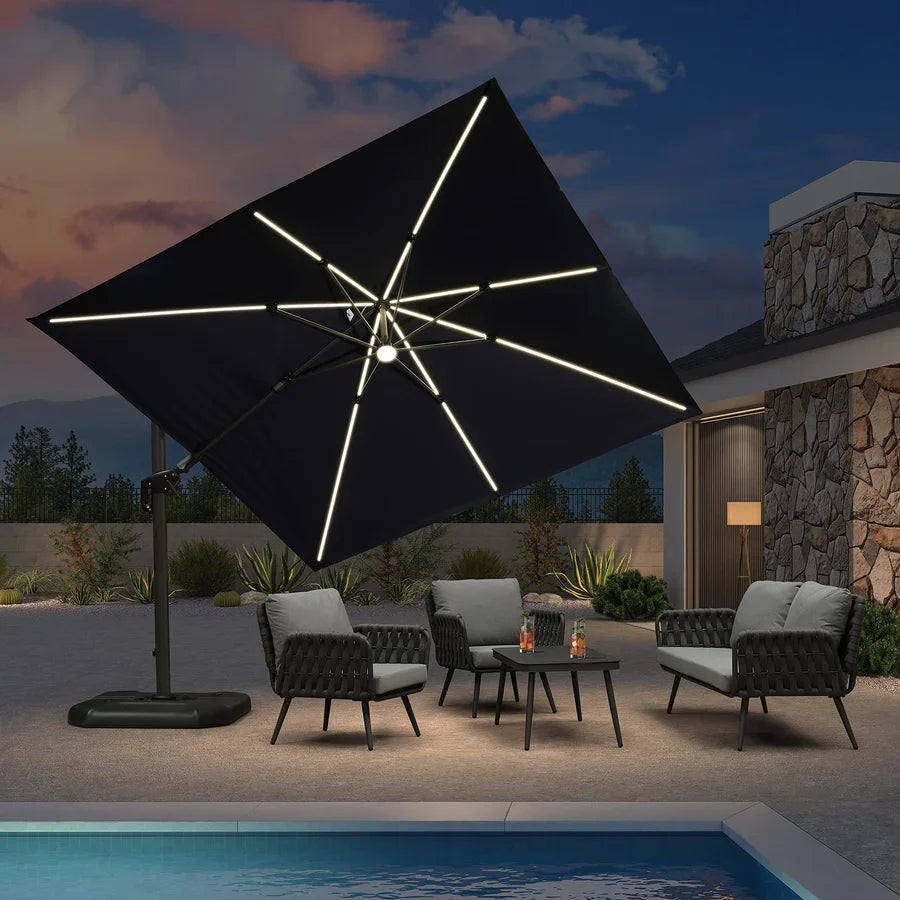 PURPLE LEAF Parasol Déporté avec LED Solaire 3 x 3 m Carré Inclinable avec socle