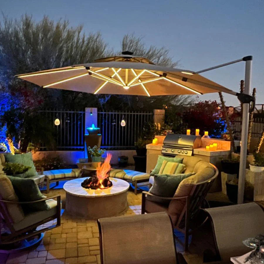 PURPLE LEAF Parasol De Jardin Extérieur Rond avec LED, Parasol Déporté avec Manivelle, Parasol Excentré Inclinable