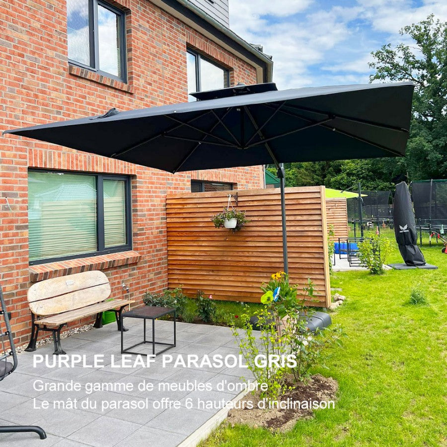 PURPLE LEAF Parasol Déporté avec Cadre Anthracite Inclinable à Rotation 360° avec Manivelle Parasol de Jardin Carré Rectangle