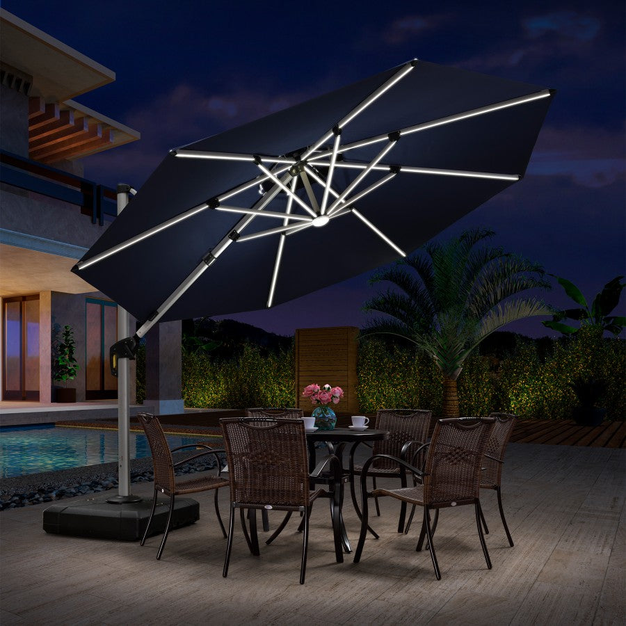 PURPLE LEAF Parasol De Jardin Extérieur Rond avec LED, Parasol Déporté avec Manivelle, Parasol Excentré Inclinable