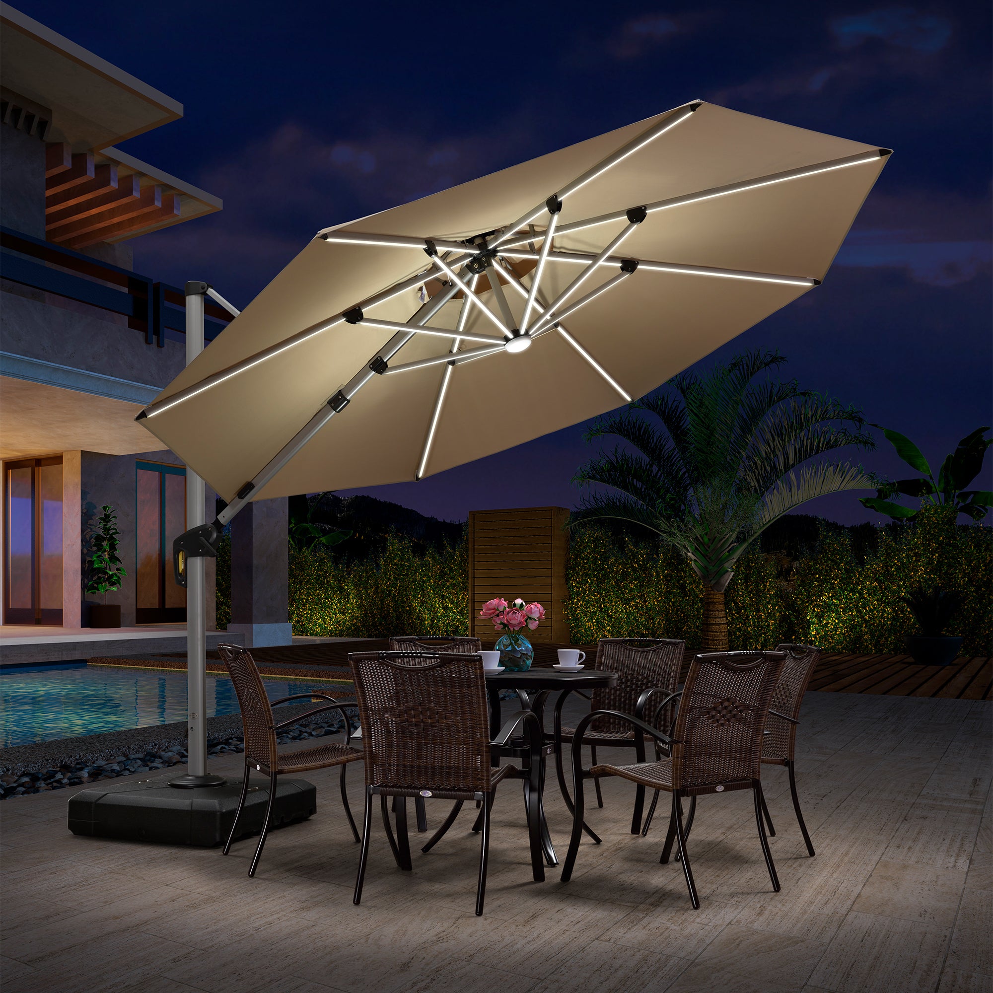PURPLE LEAF Parasol De Jardin Extérieur Rond avec LED, Parasol Déporté avec Manivelle, Parasol Excentré Inclinable