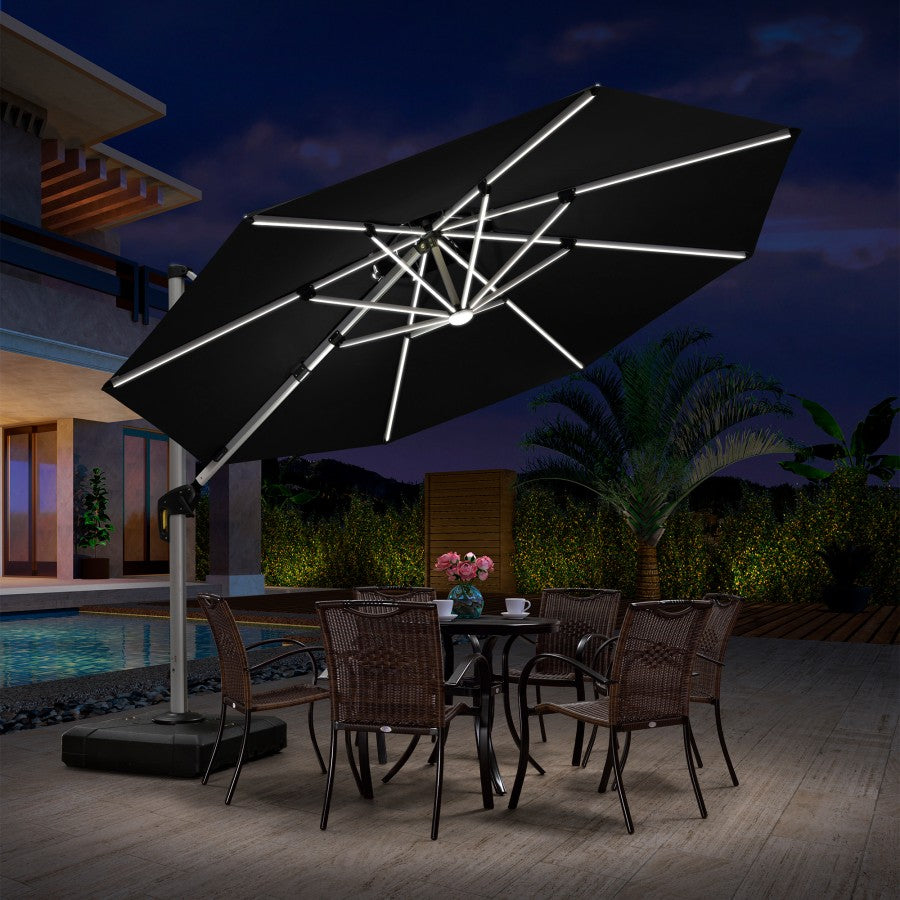 PURPLE LEAF Parasol De Jardin Extérieur Rond avec LED, Parasol Déporté avec Manivelle, Parasol Excentré Inclinable