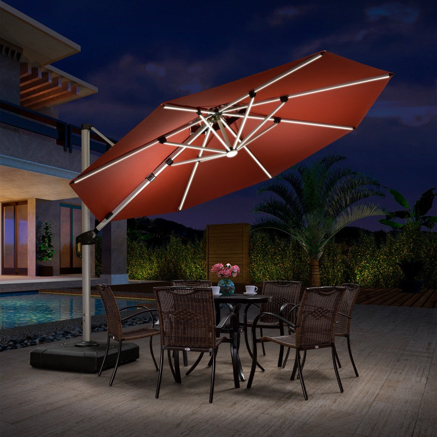 PURPLE LEAF Parasol De Jardin Extérieur Rond avec LED, Parasol Déporté avec Manivelle, Parasol Excentré Inclinable