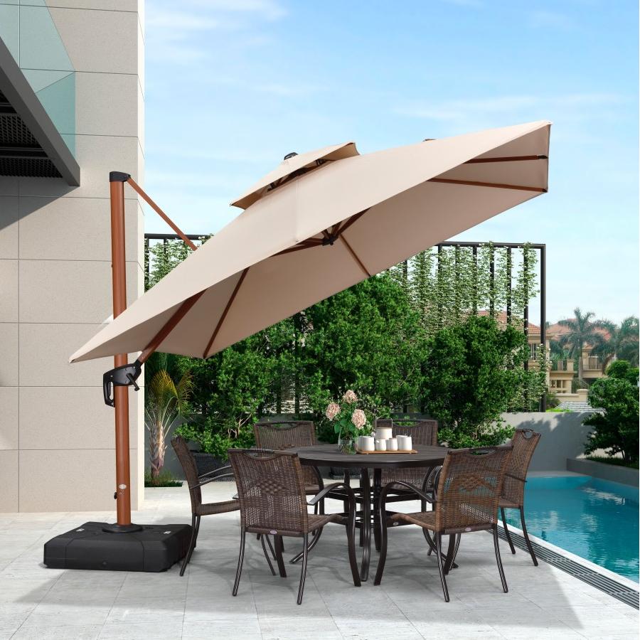 PURPLE LEAF Parasol Déporté Inclinable Grain de Bois en Aluminium Parasol De Jardin Extérieur Toit à Double Rotatif 360°