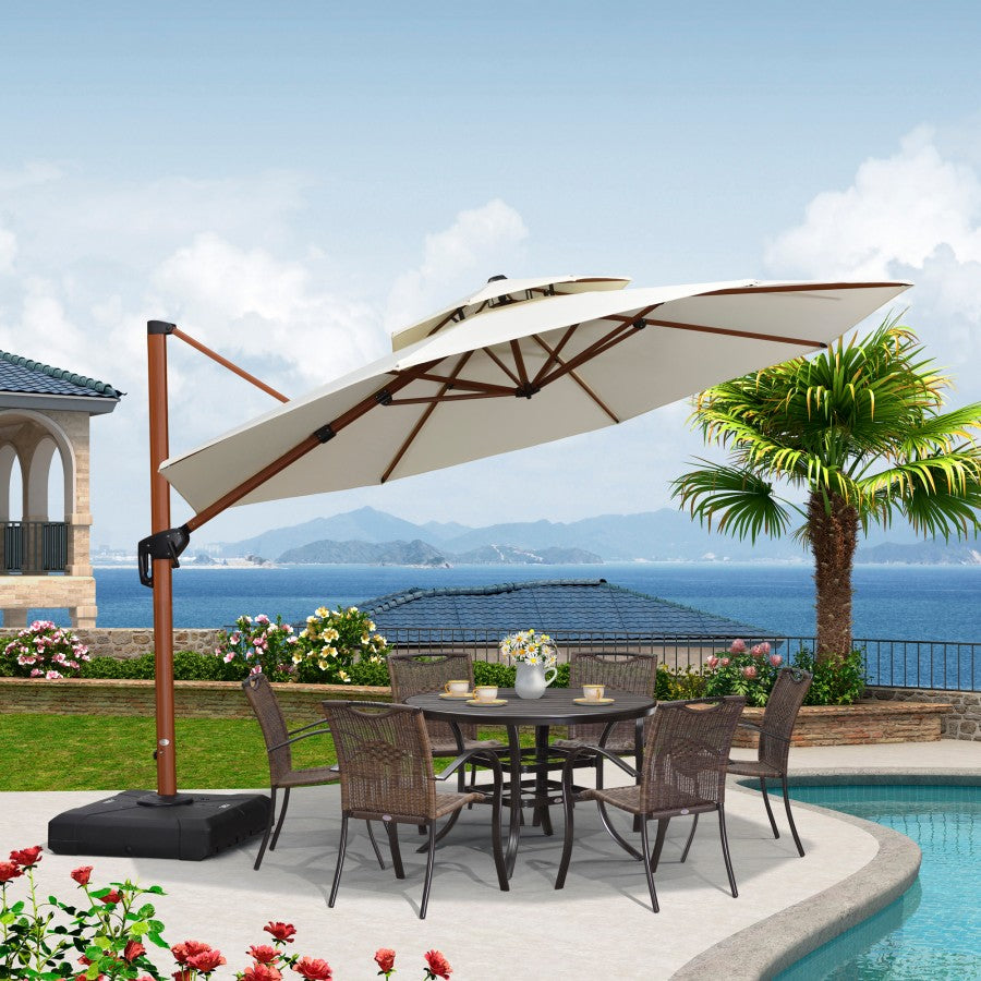 PURPLE LEAF Parasol Déporté Rond Grain de Bois en Aluminium Parasol De Jardin Extérieur Toit à Double Rotatif 360°