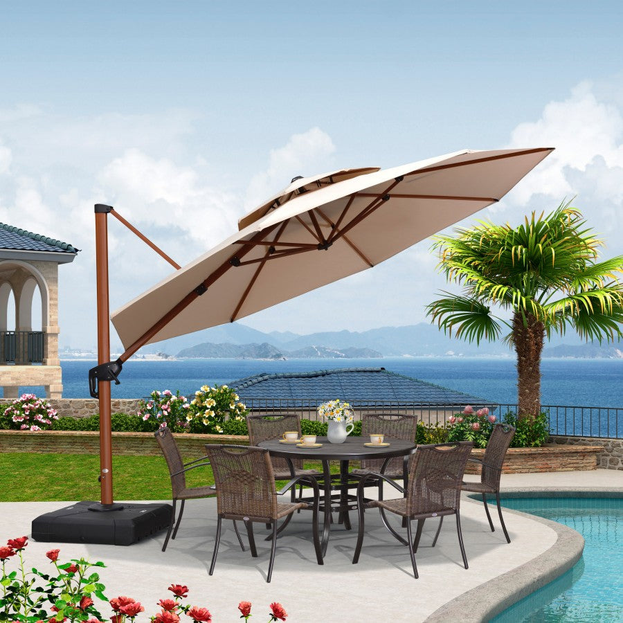 PURPLE LEAF Parasol Déporté Rond Grain de Bois en Aluminium Parasol De Jardin Extérieur Toit à Double Rotatif 360°