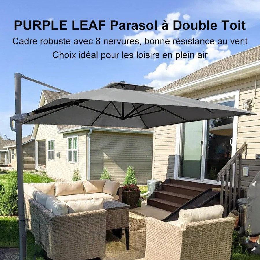 PURPLE LEAF Parasol Déporté à Toit Double avec Cadre Gris Acier Parasol d'Extérieur Grands Parasols de Patio Carré Rectangulaire