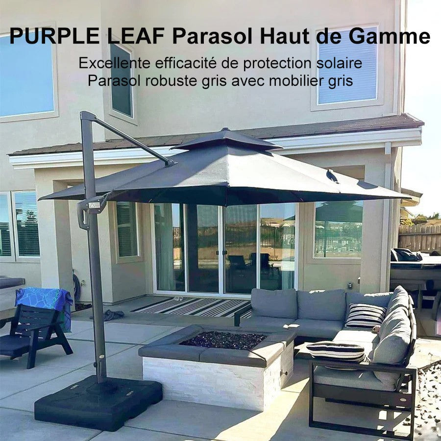 PURPLE LEAF Parasol Déporté à Toit Double avec Cadre Gris Acier Parasol d'Extérieur Grands Parasols de Patio Carré Rectangulaire