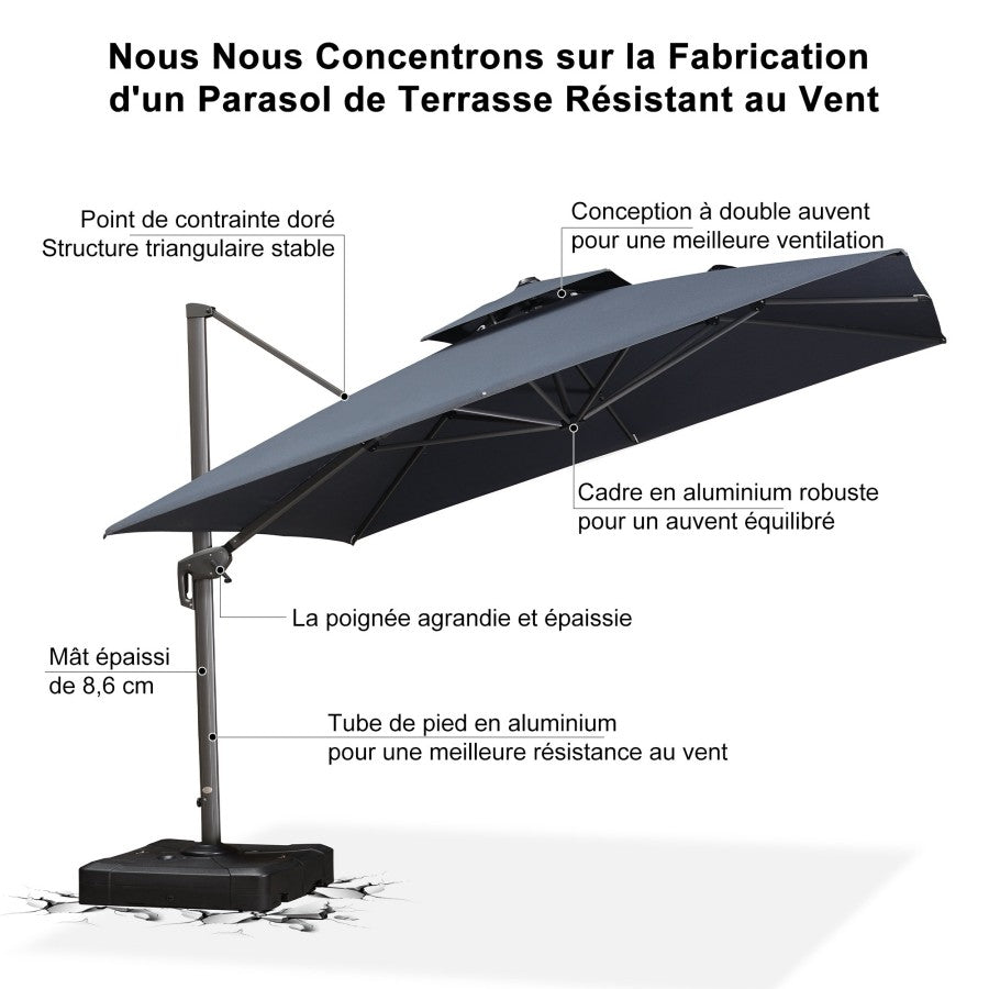 PURPLE LEAF Parasol Déporté à Toit Double avec Cadre Gris Acier Parasol d'Extérieur Grands Parasols de Patio Carré Rectangulaire