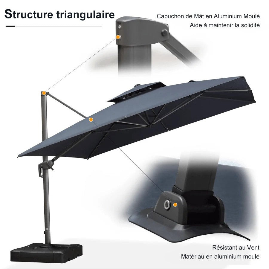 PURPLE LEAF Parasol Déporté à Toit Double avec Cadre Gris Acier Parasol d'Extérieur Grands Parasols de Patio Carré Rectangulaire