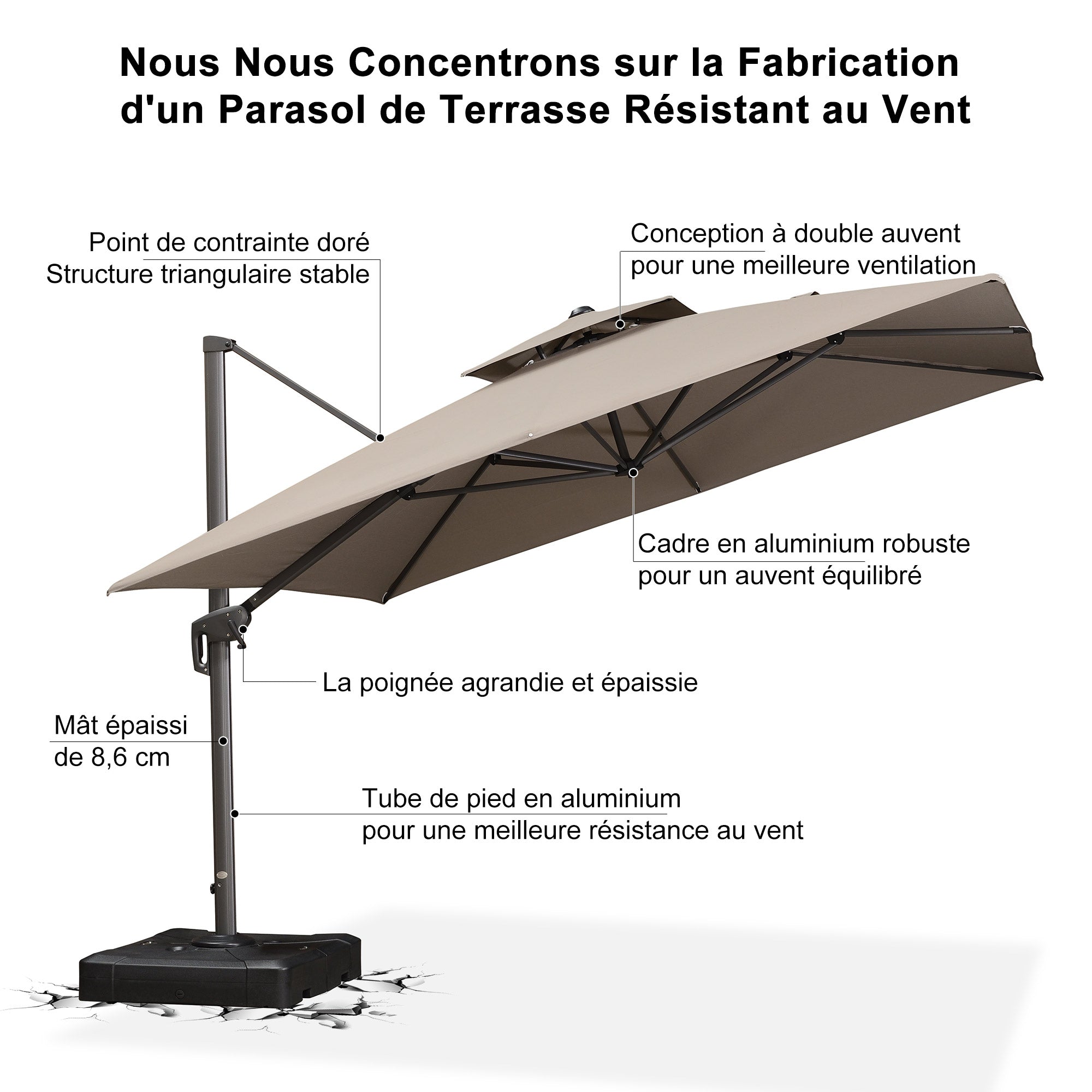 PURPLE LEAF Parasol Déporté à Toit Double avec Cadre Gris Acier Parasol d'Extérieur Grands Parasols de Patio Carré Rectangulaire