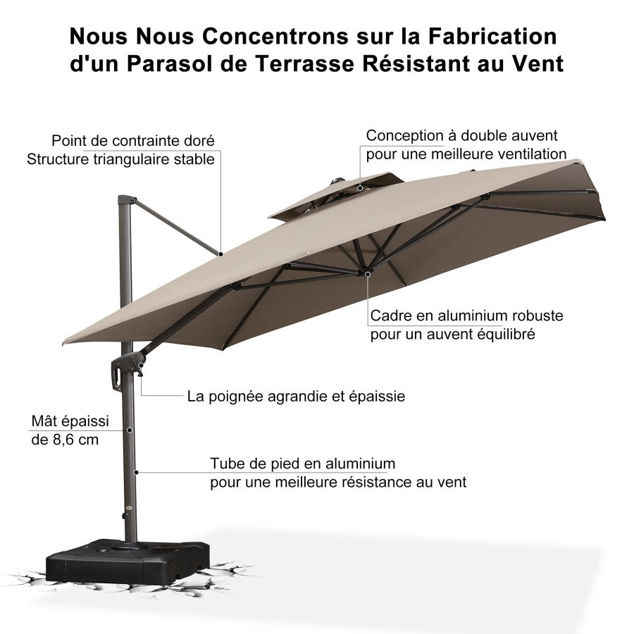 PURPLE LEAF Parasol Déporté à Toit Double avec Cadre Gris Acier Parasol d'Extérieur Grands Parasols de Patio Carré Rectangulaire