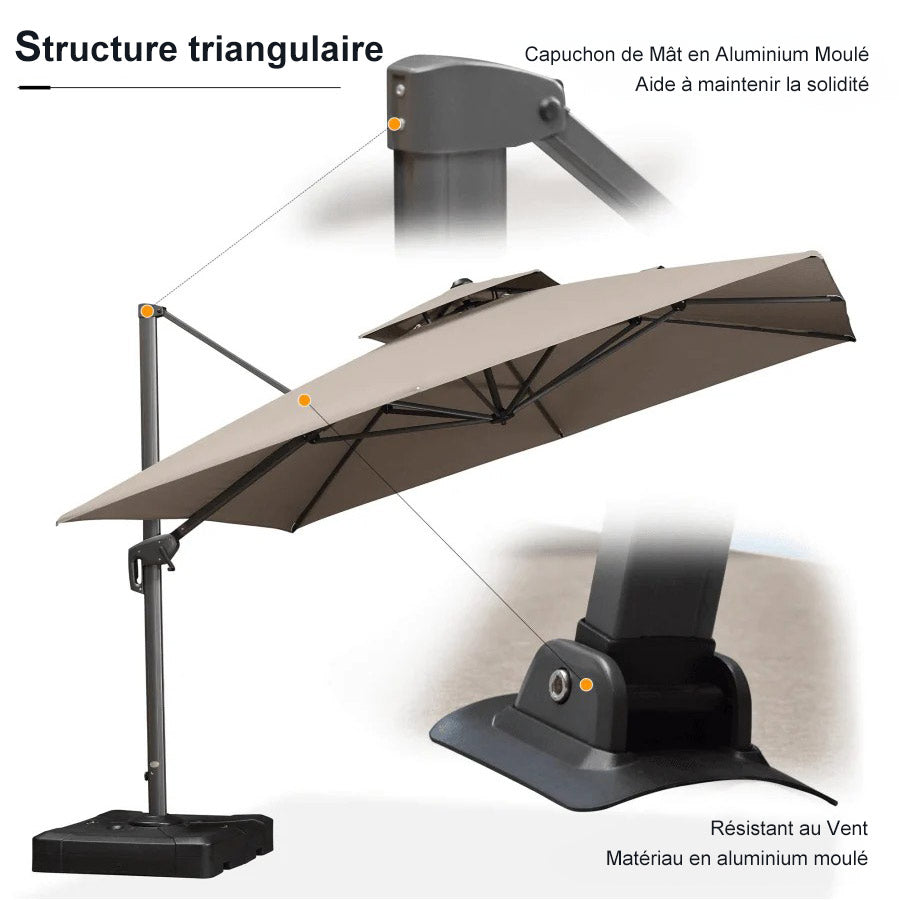 PURPLE LEAF Parasol Déporté à Toit Double avec Cadre Gris Acier Parasol d'Extérieur Grands Parasols de Patio Carré Rectangulaire
