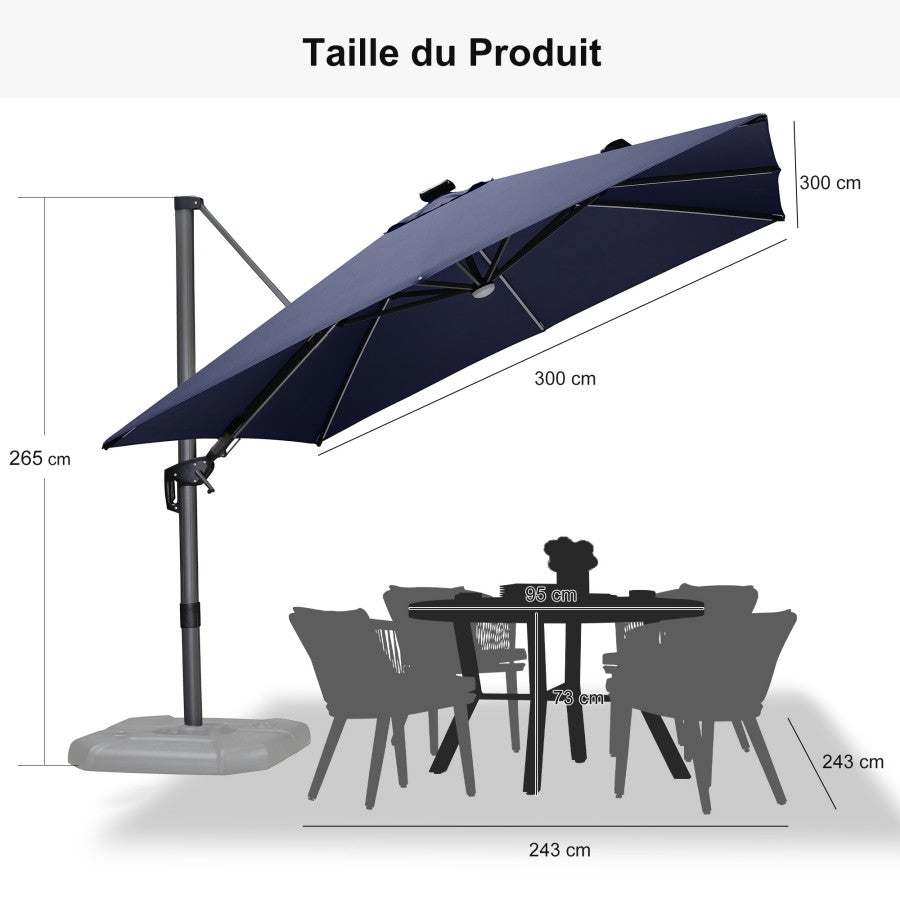 PURPLE LEAF Parasol Déporté avec LED Solaire 3 x 3 m Carré, Parasol De Jardin Extérieur Inclinable Toile Protection UV