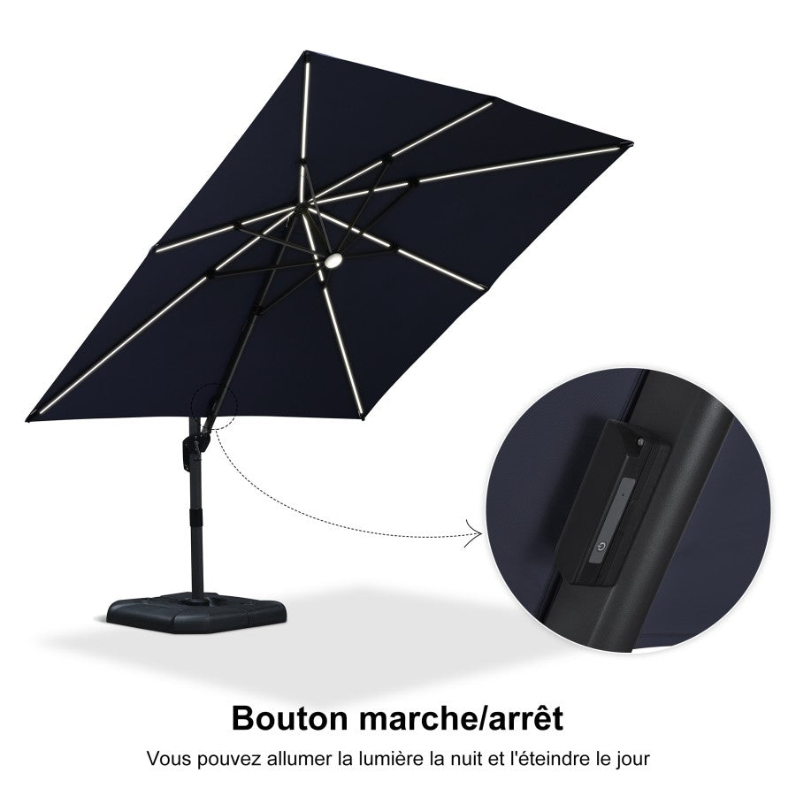 PURPLE LEAF Parasol Déporté avec LED Solaire 3 x 3 m Carré, Parasol De Jardin Extérieur Inclinable Toile Protection UV