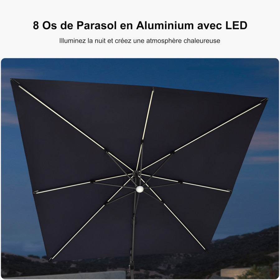 PURPLE LEAF Parasol Déporté avec LED Solaire 3 x 3 m Carré, Parasol De Jardin Extérieur Inclinable Toile Protection UV