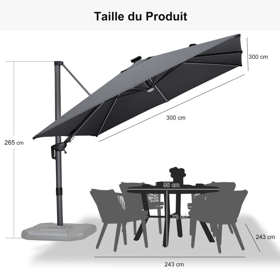 PURPLE LEAF Parasol Déporté avec LED Solaire 3 x 3 m Carré, Parasol De Jardin Extérieur Inclinable Toile Protection UV
