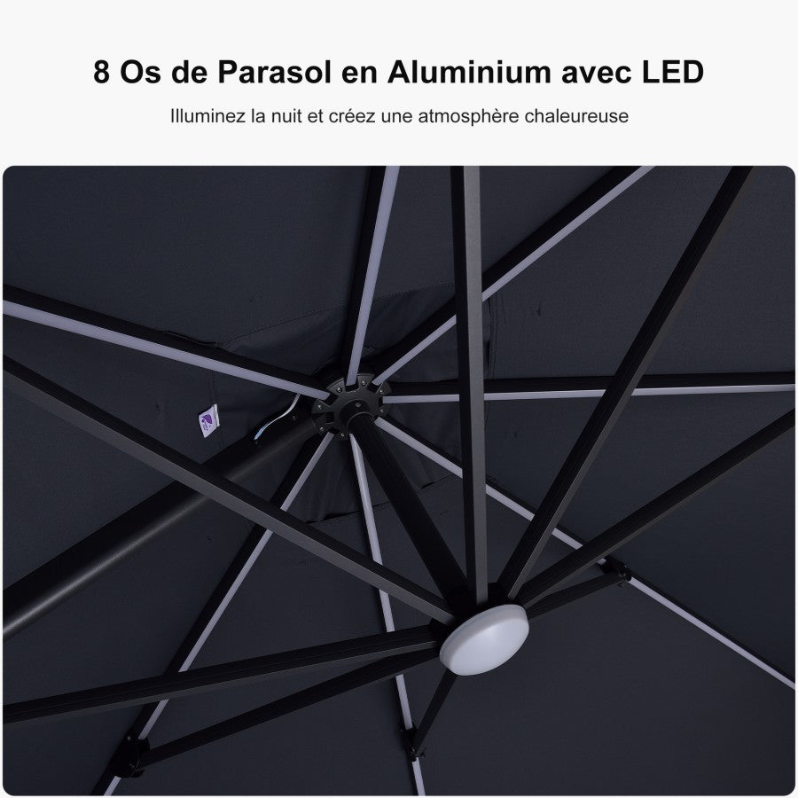 PURPLE LEAF Parasol Déporté avec LED Solaire 3 x 3 m Carré, Parasol De Jardin Extérieur Inclinable Toile Protection UV