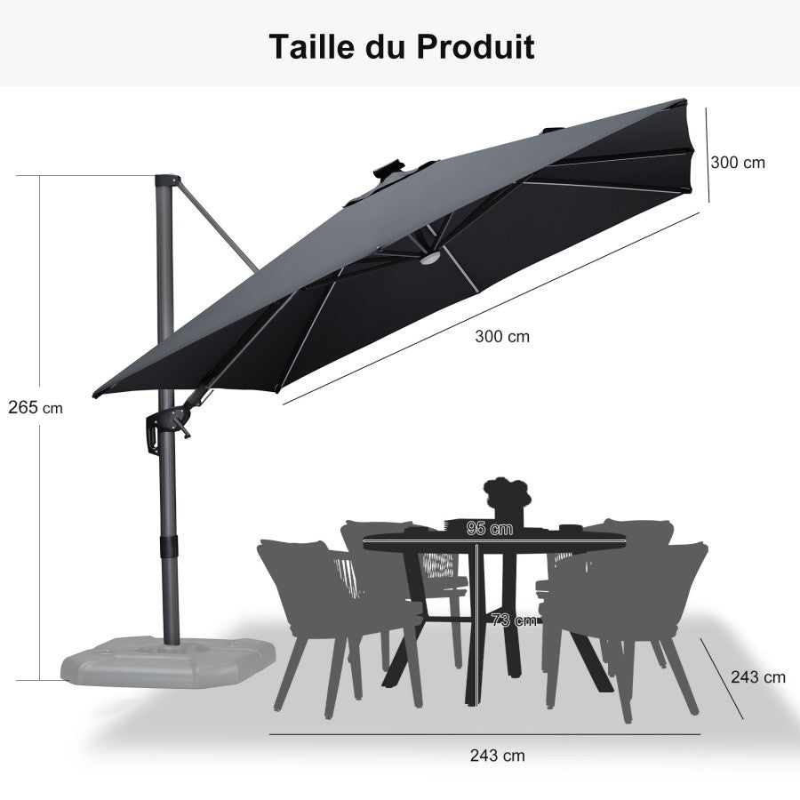 PURPLE LEAF Parasol Déporté avec LED Solaire 3 x 3 m Carré, Parasol De Jardin Extérieur Inclinable Toile Protection UV