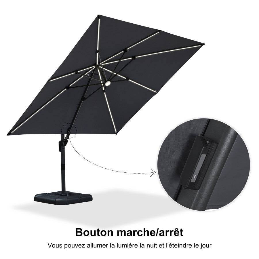 PURPLE LEAF Parasol Déporté avec LED Solaire 3 x 3 m Carré, Parasol De Jardin Extérieur Inclinable Toile Protection UV