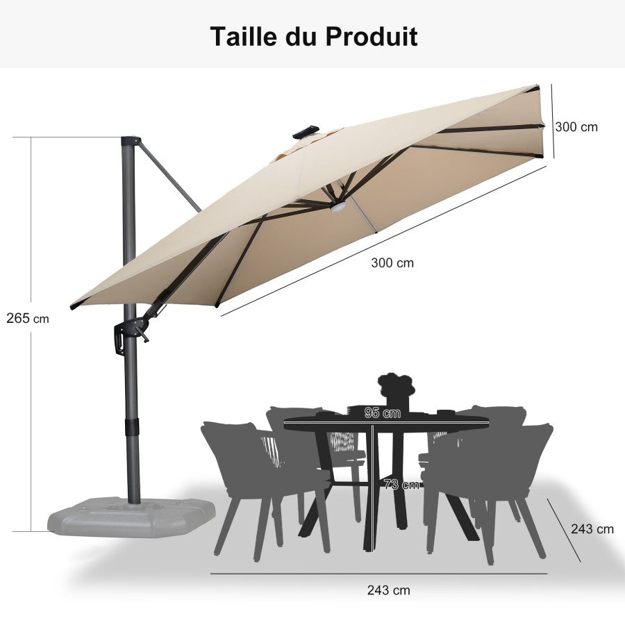 PURPLE LEAF Parasol Déporté avec LED Solaire 3 x 3 m Carré, Parasol De Jardin Extérieur Inclinable Toile Protection UV