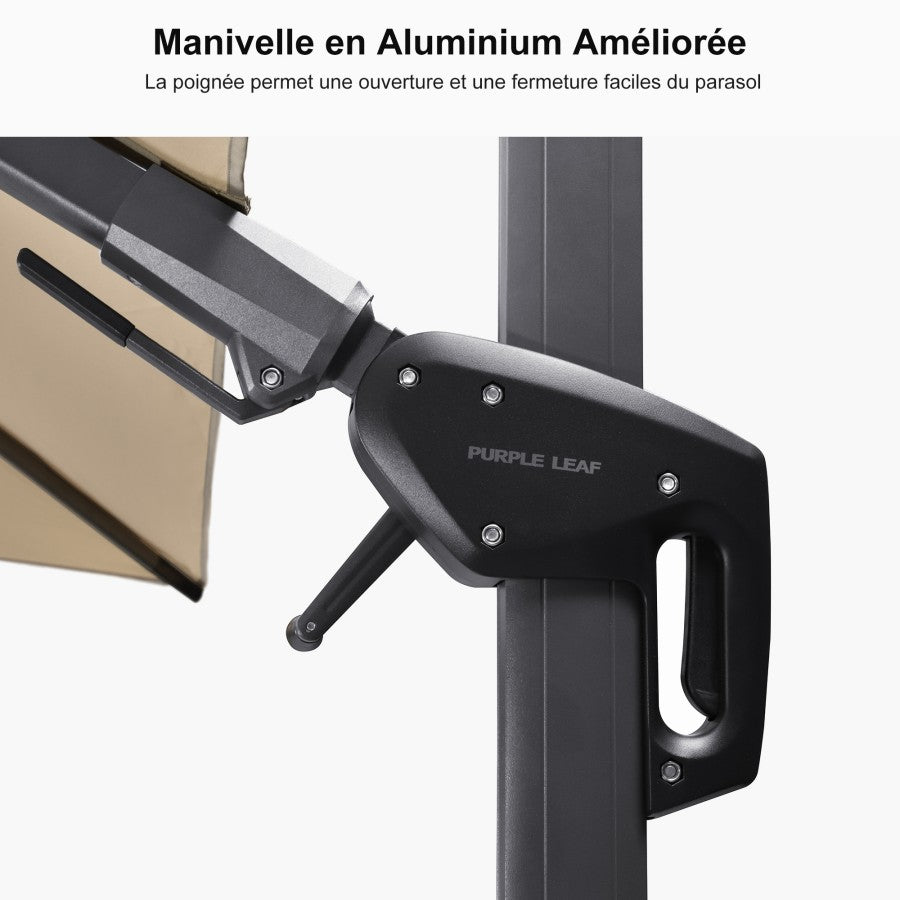 PURPLE LEAF Parasol Déporté avec LED Solaire 3 x 3 m Carré, Parasol De Jardin Extérieur Inclinable Toile Protection UV