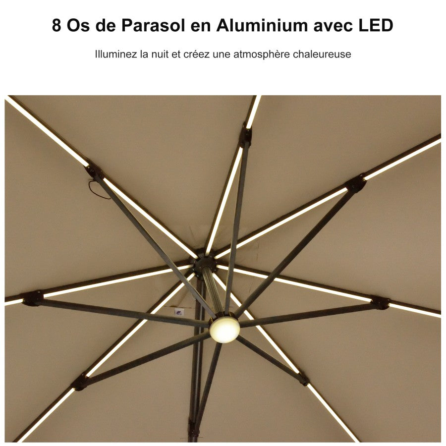 PURPLE LEAF Parasol Déporté avec LED Solaire 3 x 3 m Carré, Parasol De Jardin Extérieur Inclinable Toile Protection UV