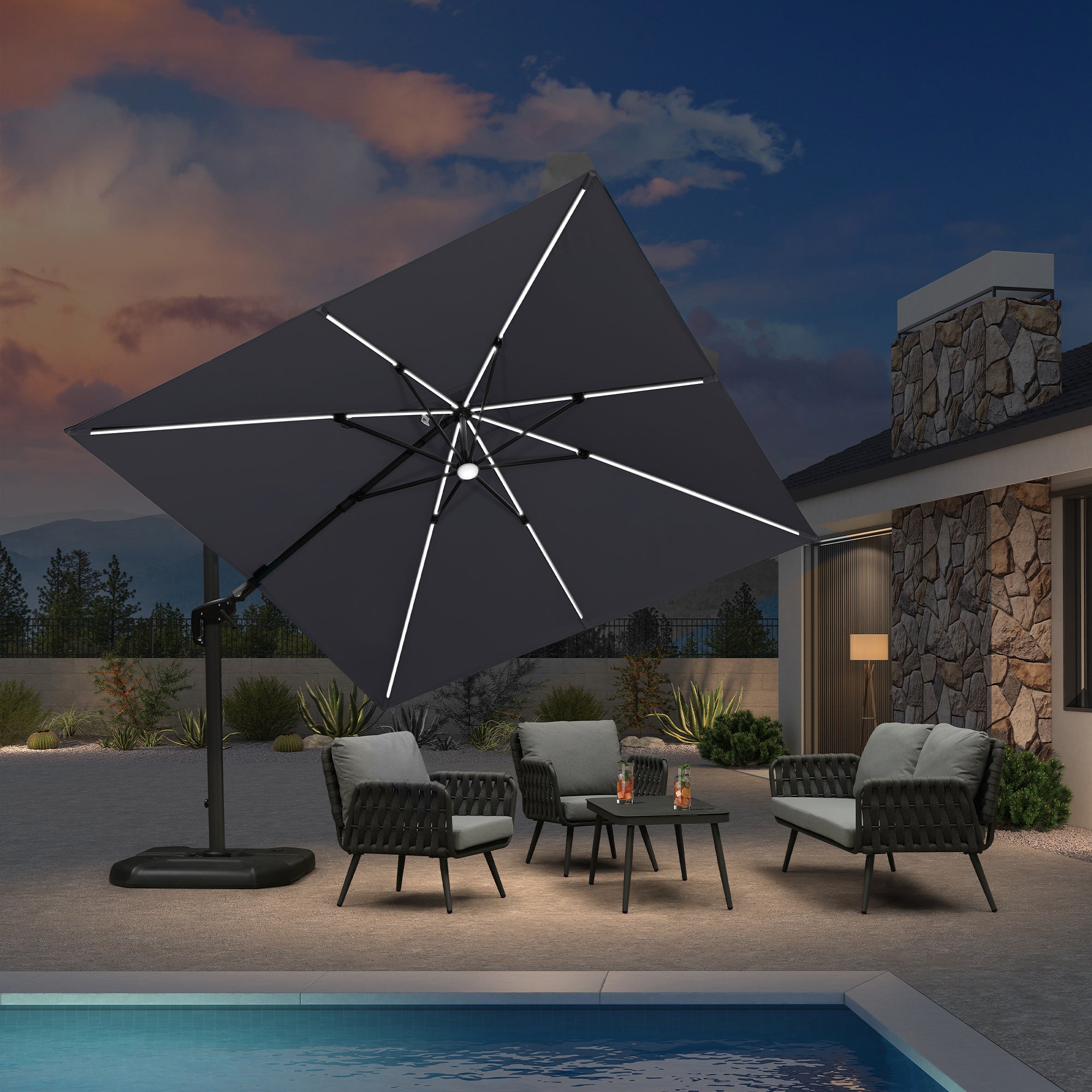 PURPLE LEAF Parasol Déporté avec LED Solaire 3 x 3 m Carré, Parasol De Jardin Extérieur Inclinable Toile Protection UV