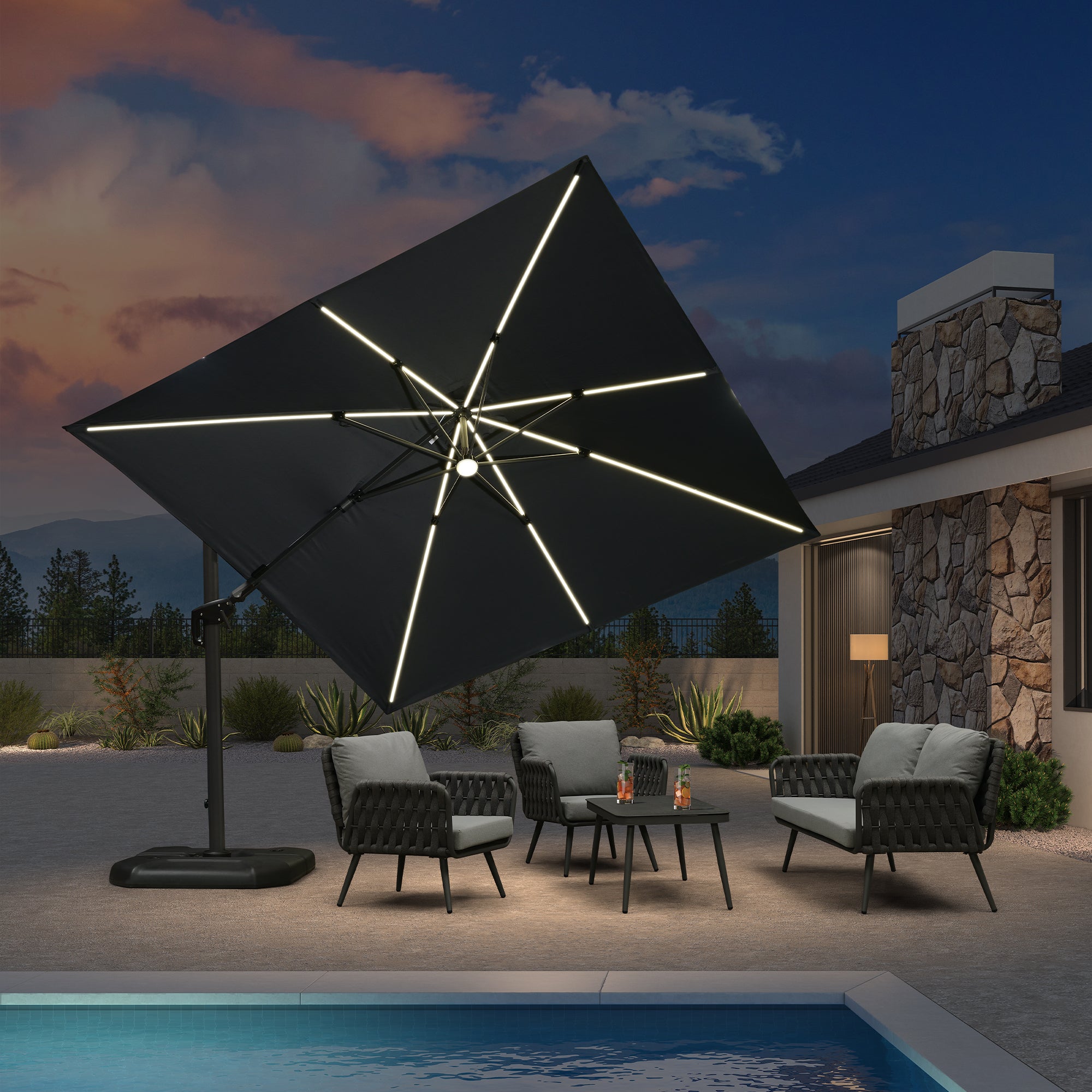 PURPLE LEAF Parasol Déporté avec LED Solaire 3 x 3 m Carré, Parasol De Jardin Extérieur Inclinable Toile Protection UV