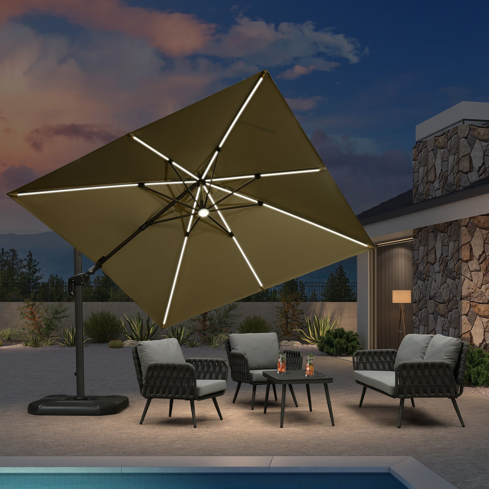 PURPLE LEAF Parasol Déporté avec LED Solaire 3 x 3 m Carré, Parasol De Jardin Extérieur Inclinable Toile Protection UV