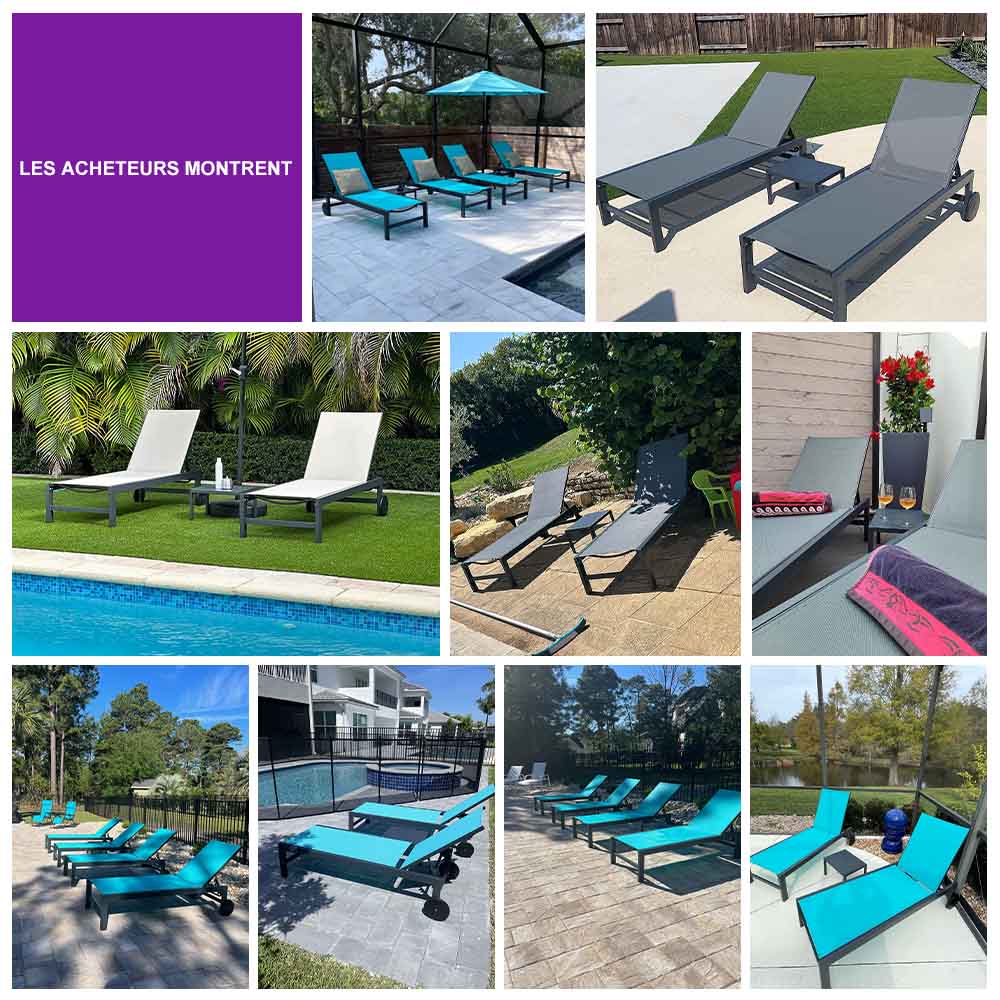 PURPLE LEAF Bain De Soleil Lot De 2 avec Table Textilène, Transat Jardin Exterieur Piscine Aluminium, Transat Piscine Anti UV, Charge Maximal 150 kg, Chaise Longue Pliable 2 roulettes