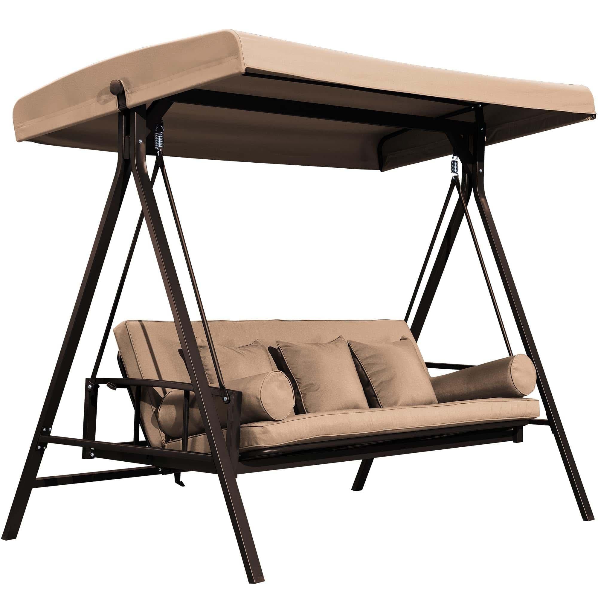 PURPLE LEAF Balancelle Lit De Jardin 3 Places Exterieur Convertible en Acier Balançoire Toit Inclinaison Réglable Balancelle Hollywood, Kaki - Purpleaf France