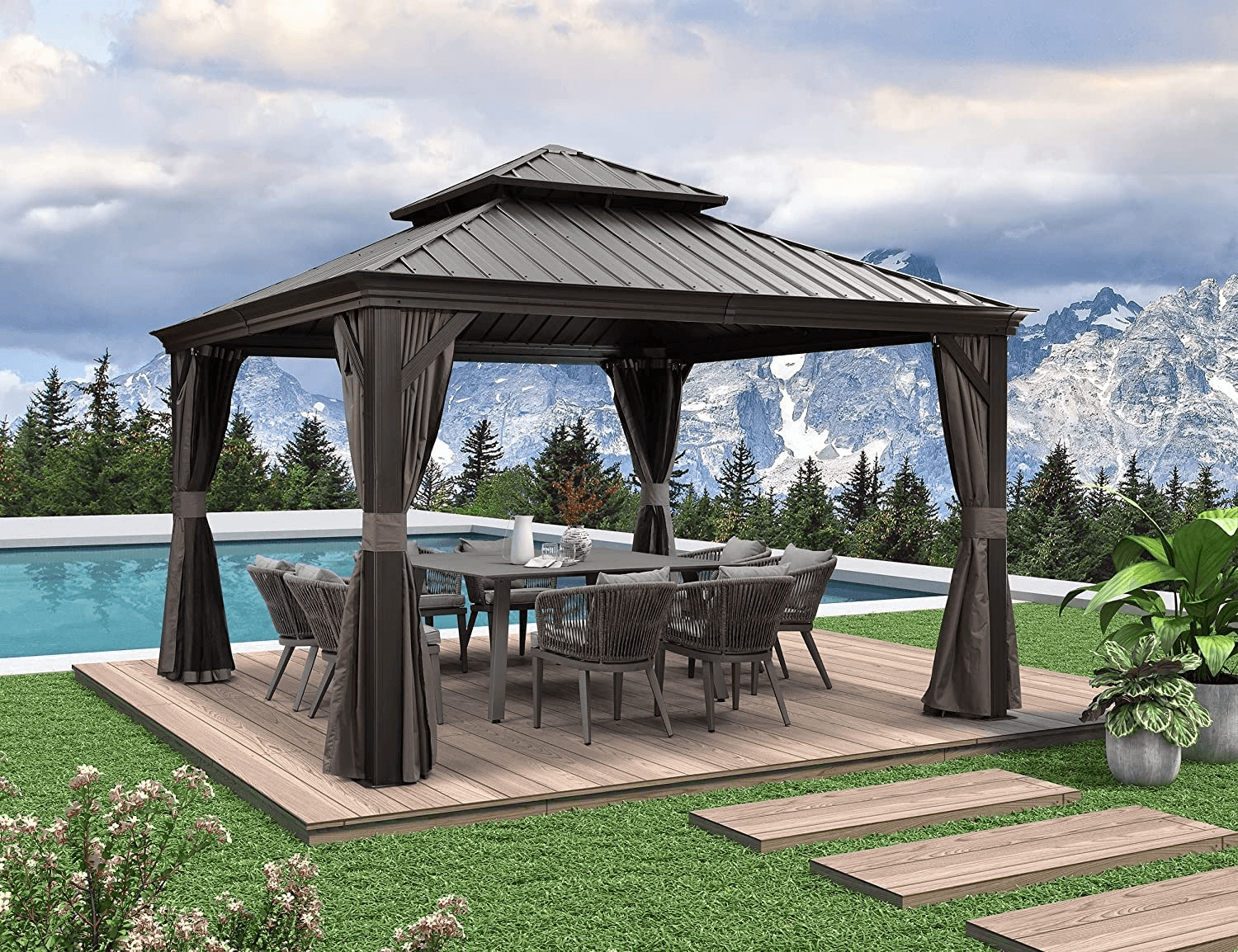 PURPLE LEAF Tonnelle de Jardin Tonnelle Aluminum avec Moustiquaire et Rideaux Pavillon de Jardin à Double Toit Acier Galvanisé, Gris - Purpleaf France