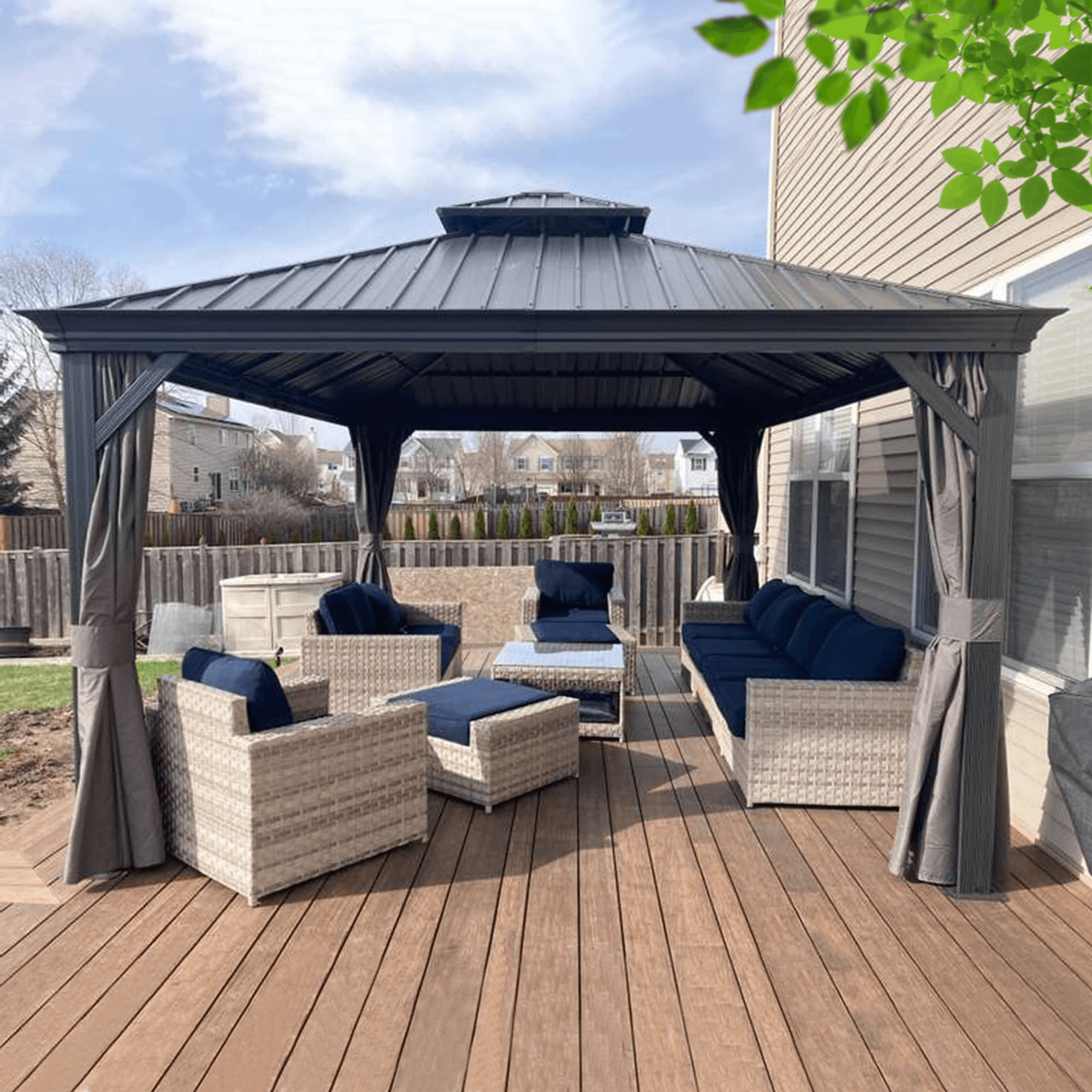 PURPLE LEAF Tonnelle de Jardin Tonnelle Aluminum avec Moustiquaire et Rideaux Pavillon de Jardin à Double Toit Acier Galvanisé, Gris - Purpleaf France