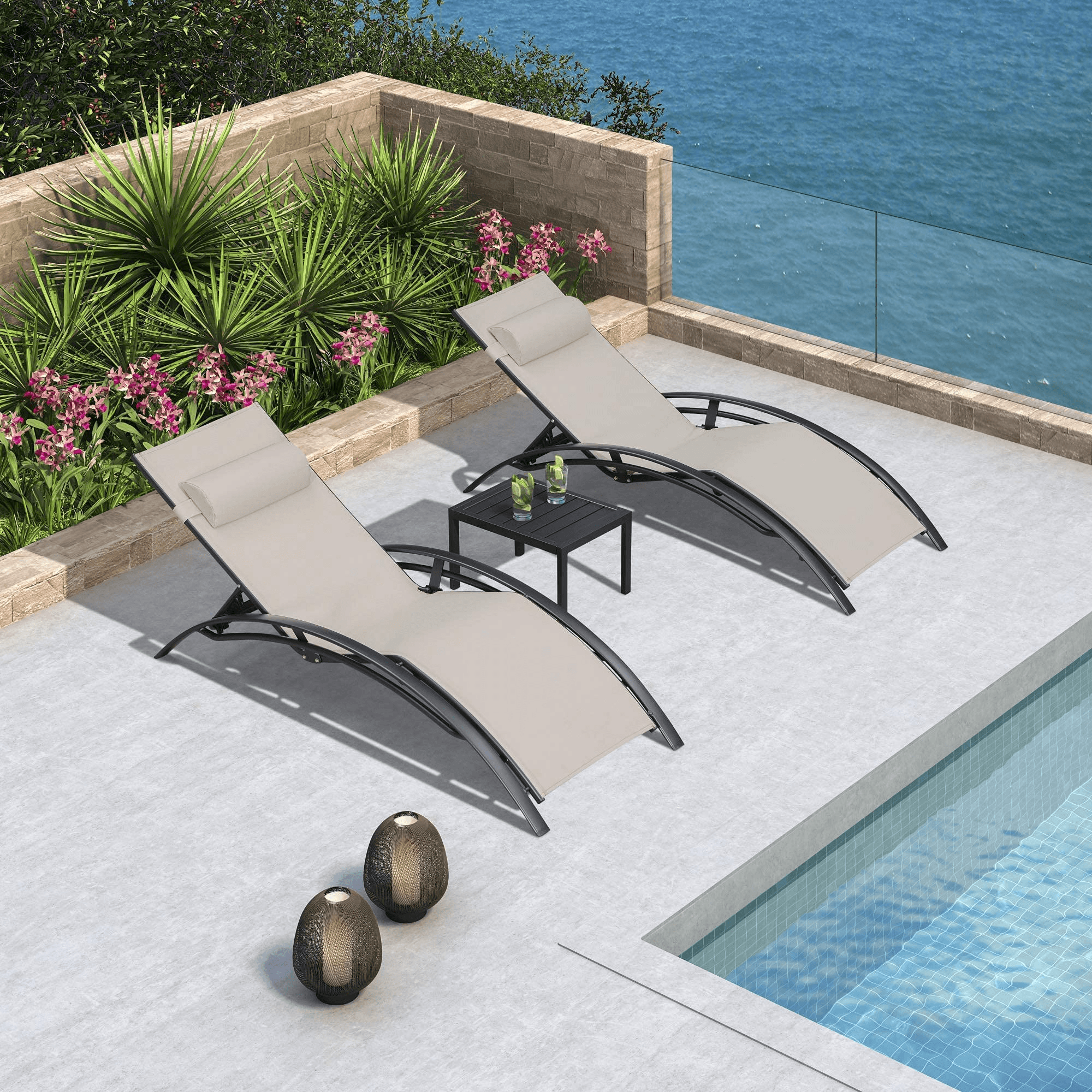 PURPLE LEAF Patio Chaise longue Ensemble de 3 Chaise longue d'extérieur Plage Piscine Bain de soleil Chaise longue inclinable, Table d'appoint incluse - Purpleaf France