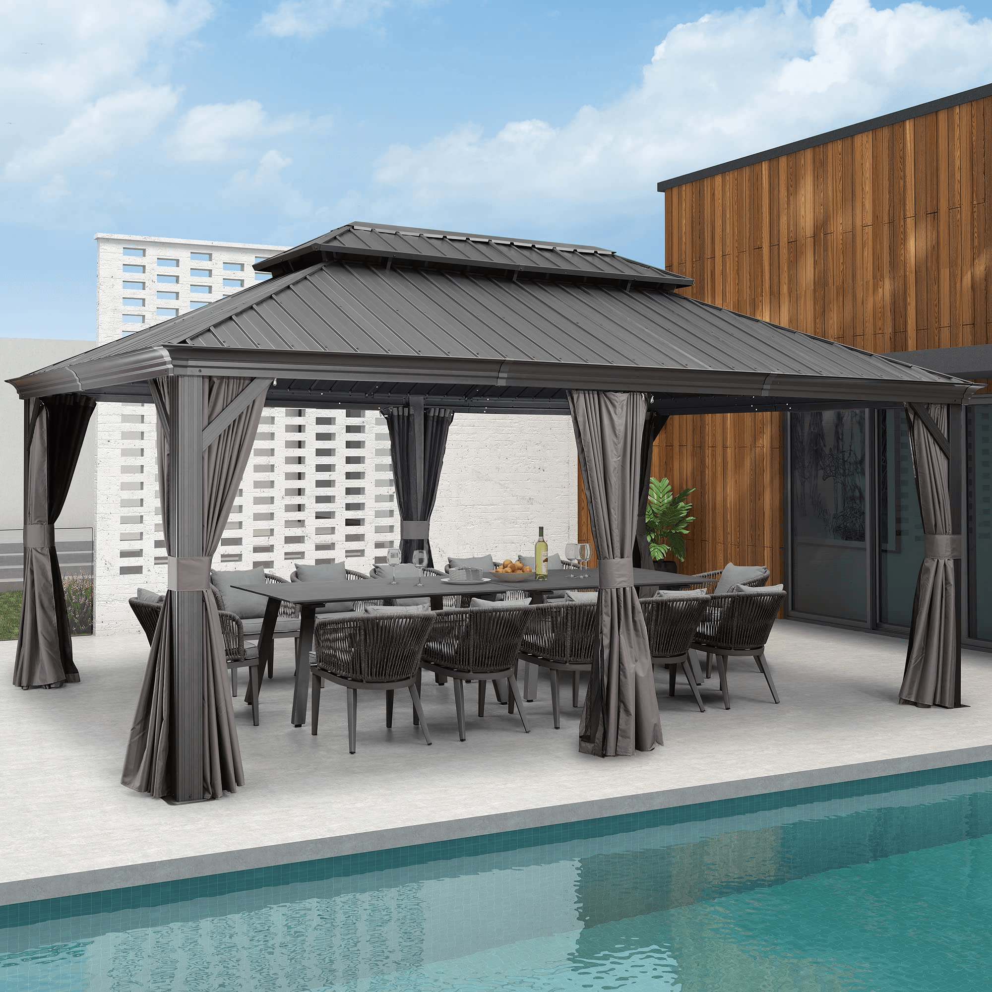 PURPLE LEAF Tonnelle de Jardin Tonnelle Aluminum avec Moustiquaire et Rideaux Pavillon de Jardin à Double Toit Acier Galvanisé, Gris - Purpleaf France