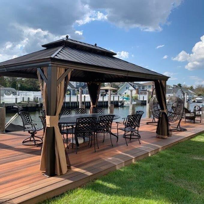 PURPLE LEAF Tonnelle de Jardin Tonnelle Aluminum avec Moustiquaire et Rideaux Pavillon de Jardin à Double Toit Acier Galvanisé, Bronze - Purpleaf France