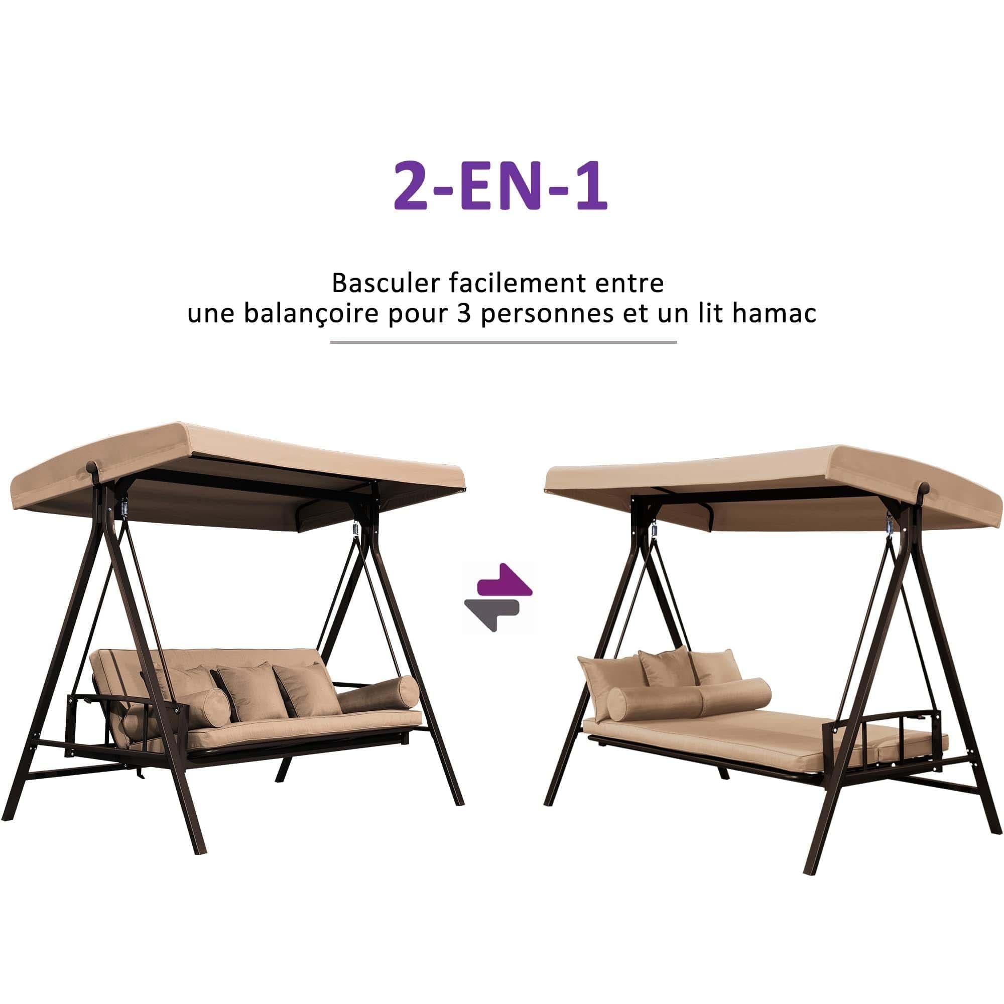 PURPLE LEAF Balancelle Lit De Jardin 3 Places Exterieur Convertible en Acier Balançoire Toit Inclinaison Réglable Balancelle Hollywood, Kaki - Purpleaf France